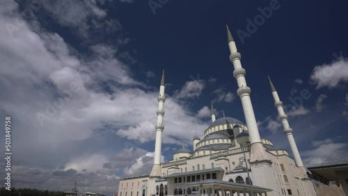 Beautiful Mosque, Kocatepe, Ankara with a magnificent exterior with white clouds in sunny day 