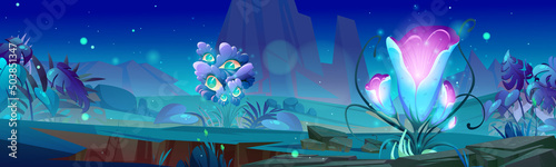 Fantasy game background of alien world with fantastic plants at night. Vector cartoon illustration of summer landscape with mountains, grass and unusual shiny exotic flowers