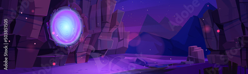 Magic portal on rock wall with mystic purple glow at night. Vector cartoon illustration of fantasy scene with mountain landscape and teleport, energy circle door to alien world