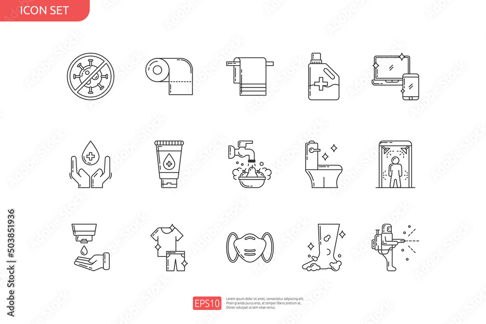 clean and disinfect icon set. icons such as sanitizer, hygiene, disinfection, cleaning, washing