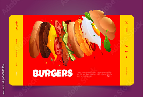 Burgers banner, fast food restaurant or cafe website. Vector landing page of fastfood promotion with cartoon illustration of flying hamburger with buns, grill patty, cheese, tomato and egg