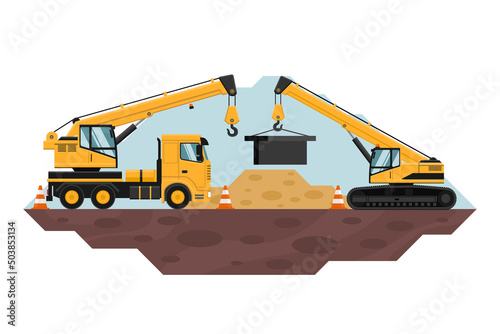 Crane truck and telescopic crane moving heavy objects, heavy machinery used in the construction and mining industry. safety cones