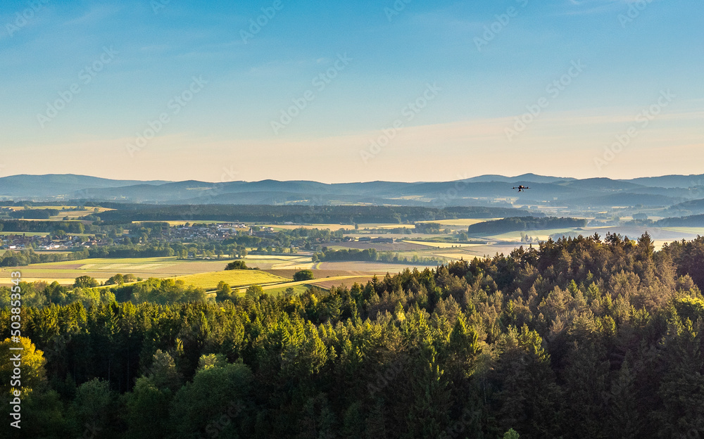 aerial view of the landscape with flying drone in the Bavarian Forest - great panorama
