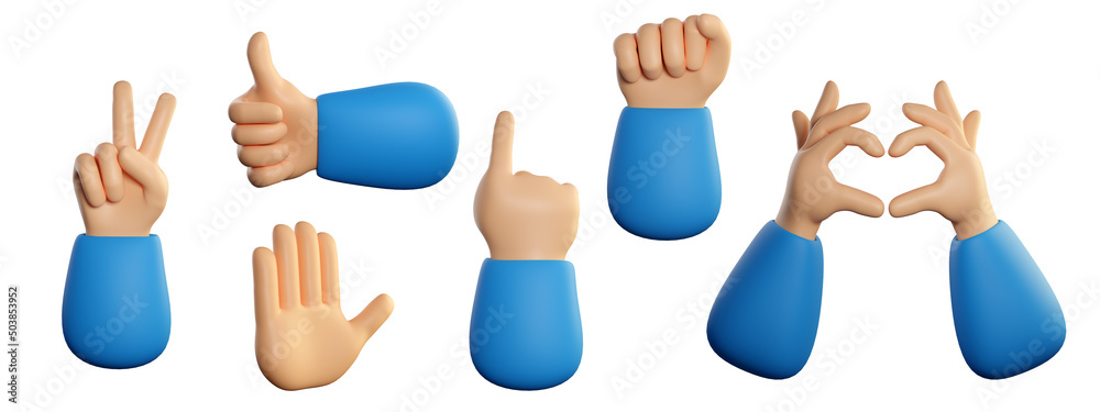 Fototapeta premium Human hands set in 3d cartoon style. Different fingers gesture for business and product concept. 3d high quality render isolated on white background.