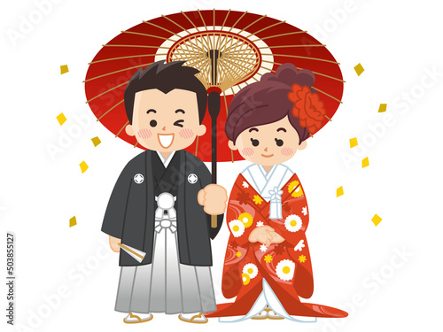 和装の新郎新婦　紋付袴　色打掛　結婚式