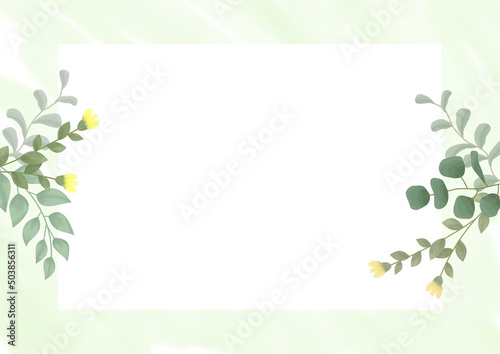 Watercolor floral background with leaves frame for horizontal banner, backdrop, wedding invitation, thank you card, wallpaper