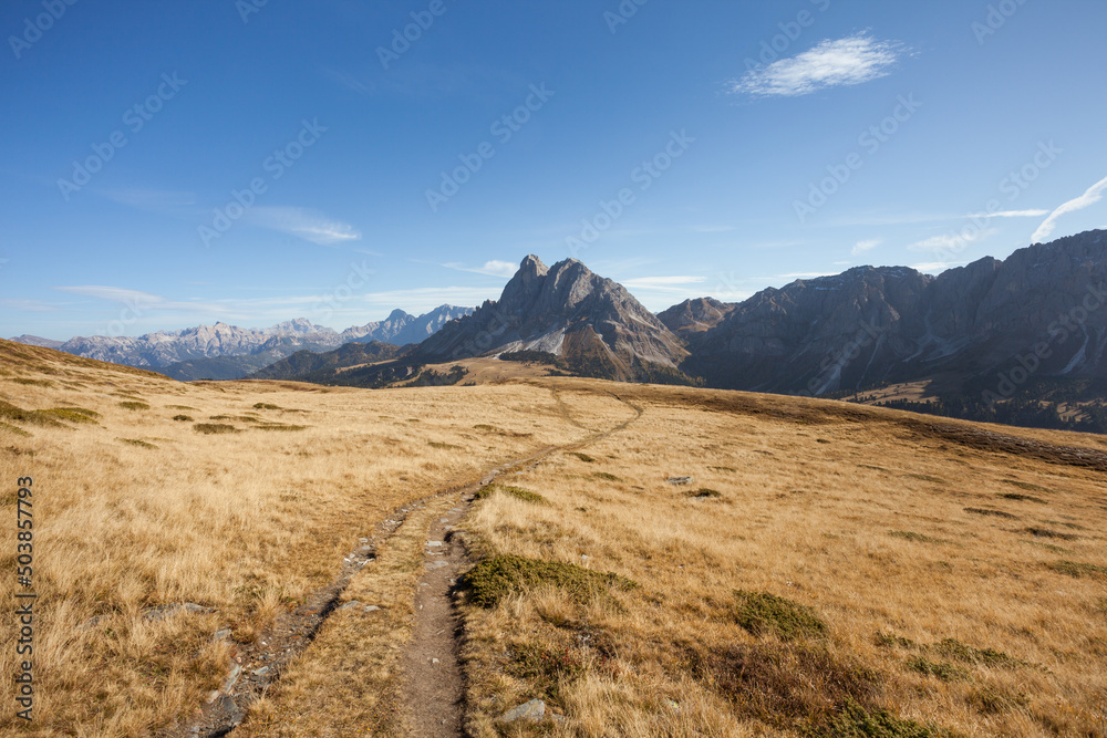 Sass de Putia mount over a pasture in Dolomites at evening Sass de Putia mount over a pasture in Dolomites at evening