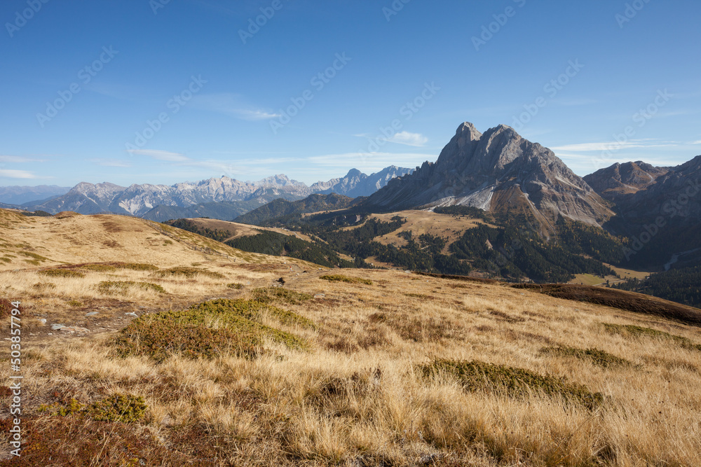 Sass de Putia mount over a pasture in Dolomites at evening Sass de Putia mount over a pasture in Dolomites at evening