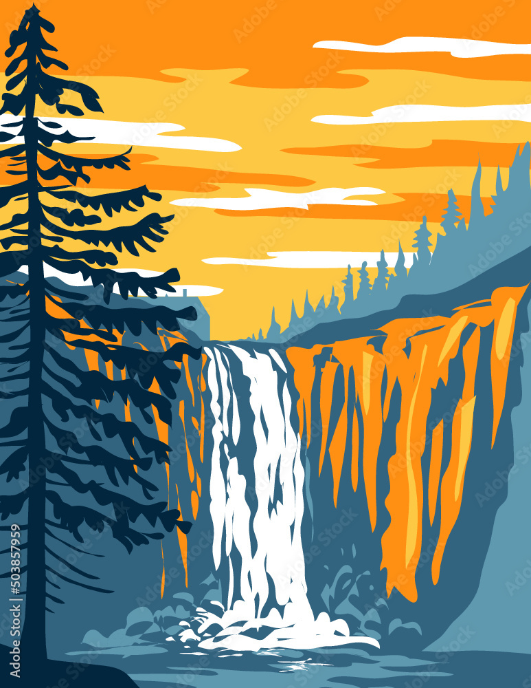 WPA poster art of Snoqualmie Falls on the Snoqualmie River between Snoqualmie and Fall City, Washington State northwest United States, USA done in works project administration style.
