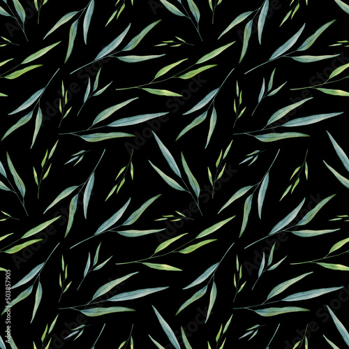 Field grass seamless pattern. Hand drawn watercolor greenery illustration for fabric, wrapping paper on black background