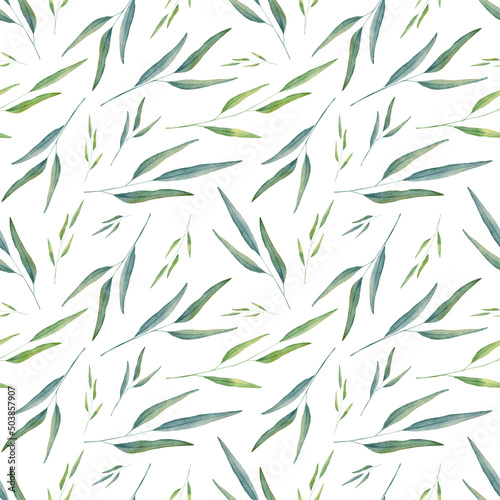 Field grass seamless pattern. Hand drawn watercolor greenery illustration for fabric  wrapping paper on white background