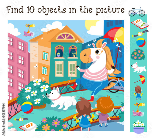 Find 10 hidden objects. Educational game for children. Cartoon cute characters in city. Vector color illustration. Horse with dog.
