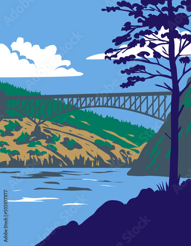 Retro WPA illustration of Deception Pass State Park with Whidbey Island and Fidalgo Island  in Washington State. USA done in works project administration or federal art project style.