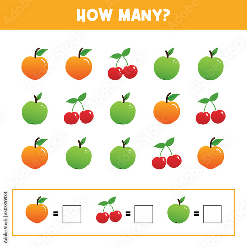 Educational game for kids, children. How many fruits. Game-based math learning, counting game. Vector printable illustration, page.