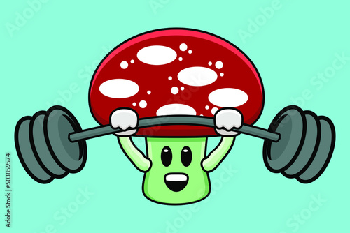 Cute mushroom mascot exercising shoulder press using barbells of illustration vector