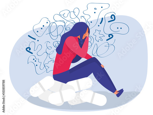 woman suffers from obsessive thoughts; headache; unresolved issues; psychological trauma; depression.Mental stress panic mind disorder illustration Flat vector illustration.