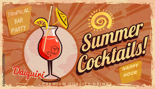 Summer Daiquiri Cocktail Retro banner. Cocktail lounge vintage background, scratched old textured paper