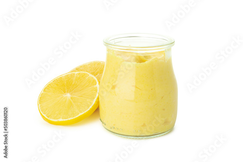 Lemon curd and ingredients isolated on white background