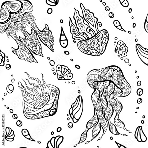 Jellyfish and shell irregular seamless pattern. Ocean zen art endless texture for relax coloring book page. Zendoodle sea nettle chaotic surface design. Sea blubber hand drawn art therapy sheet. photo