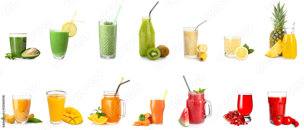 Set of healthy colorful juices on white background - obrazy, fototapety, plakaty 