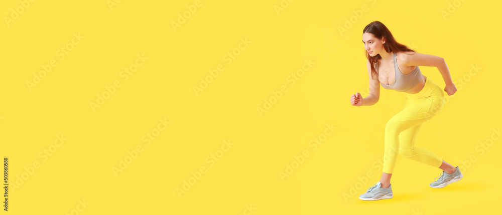Sporty running woman on yellow background with space for text