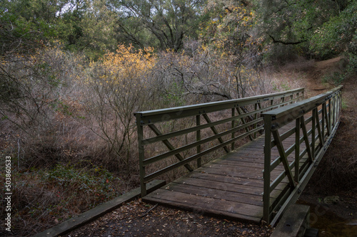 A bridge crosses over a river in Newton Canyon, Malibu, California