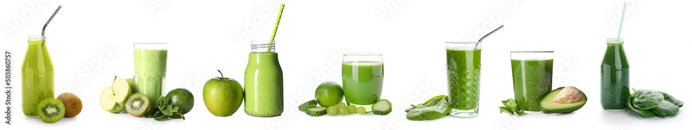 Set of healthy green juices on white background Set of healthy green juices on white background