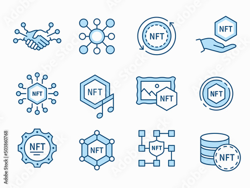 NFT icon set. Collection of token, digital business, currency and more. Vector illustration.