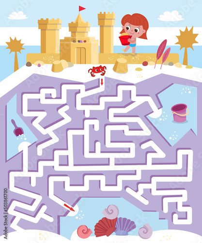 Maze game, activity for children. Vector illustration. Find path for crab. Cute girl builds sand castle on beach in summer.