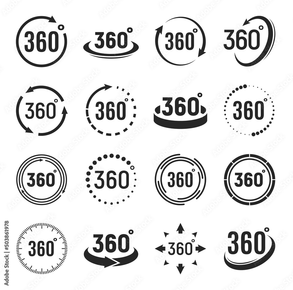 360 degrees camera rotate vector icons or 3d perspective virtual panorama signs. 360 degree angle view circles and arrows of vr or virtual reality tour, simulation game or map 360 degrees camera rotate vector icons or 3d perspective virtual panorama signs. 360 degree angle view circles and arrows of vr or virtual reality tour, simulation game or map