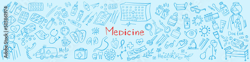 Banner of Medicine icons doodle set on blue. Health care, pharmacy icons. Vector illustration.