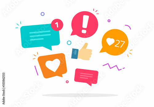 Social media market concept icon vector for digital strategy element design with chat messages, like speech bubbles notices and sms comment graphic flat cartoon illustration on white image