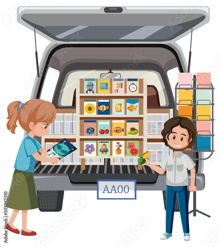 People looking at books on the van