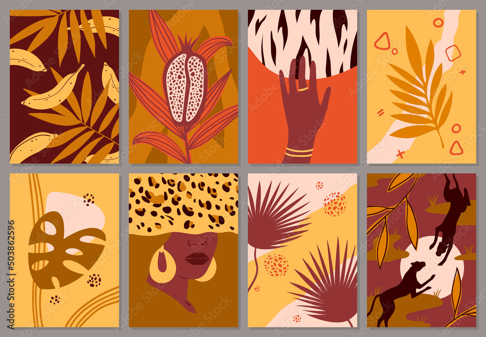 Fototapeta premium African jungle, animals in contemporary art vector illustration. Abstract silhouettes and female portrait, exotic fruit, leaves and plants for social media, postcards and promotion invitation cards