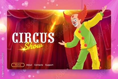 Shapito circus cartoon clown, website landing page or online vector banner. Circus or funfair carnival performance landing page for web site template with menu buttons and clown joker on stage
