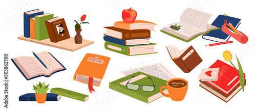 Set of various stack books and publications. Novels on shelf, school and leisure time literacy, engaging poetry, studying materials and information, fairy tales stories vector illustration