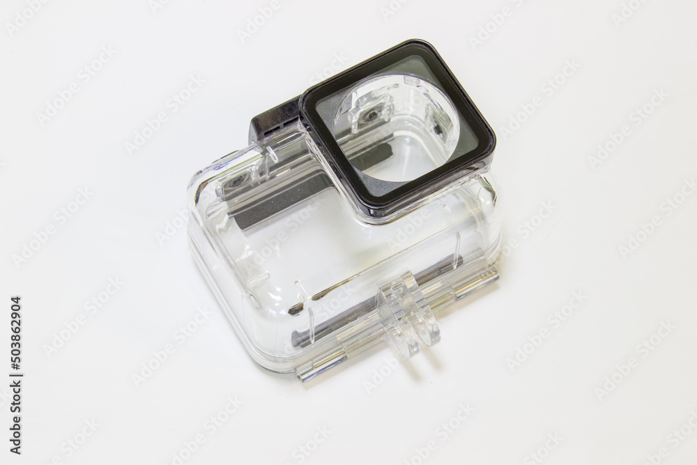 Waterproof case box for action camera. Equipment for filming underwater. Transparent plastic box for action camera Waterproof case box for action camera. Equipment for filming underwater. Transparent plastic box for action camera