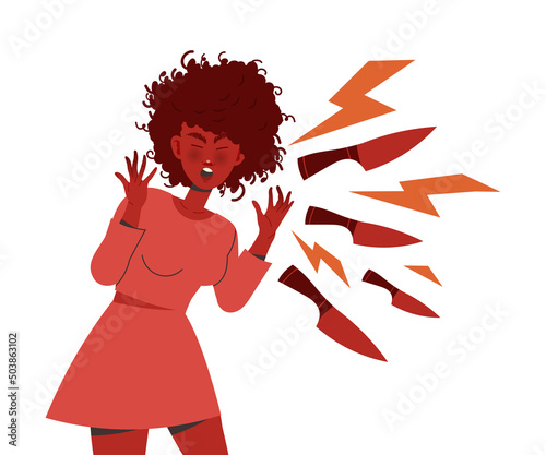 Red Woman Aggressor Shouting Out Loud Abusing and Insulting Weak Vector Illustration