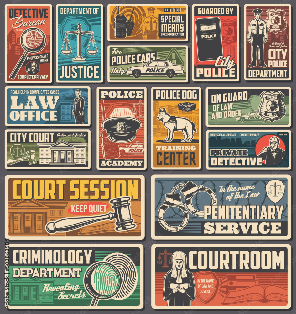 Law, criminal justice and police department retro banners. Private detective bureau, police academy and court, penitentiary service, criminology vector posters. Judge, policeman and lawyer, detective - obrazy, fototapety, plakaty 