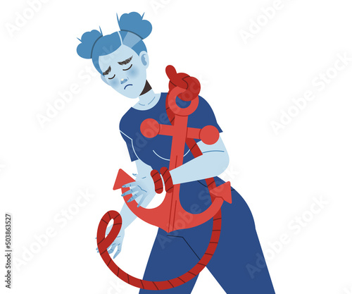Woman Victim with Tied Rope and Anchor Suffering from Abuse and Bullying Vector Illustration