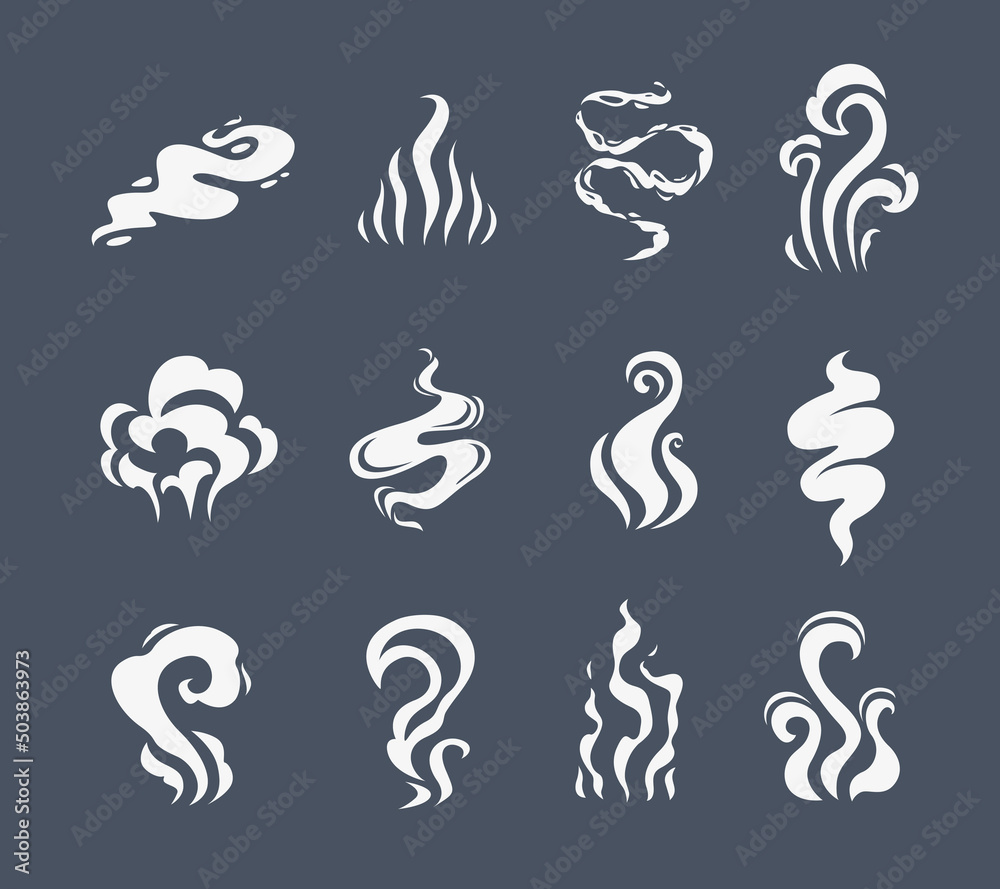 Cartoon smoke effects set. Coffee and tea steam, food flavor, smell and aroma. Vector white vapor of hot drinks and food, fire flame, cigarette or hookah smoke clouds, coffee cup or mug steam