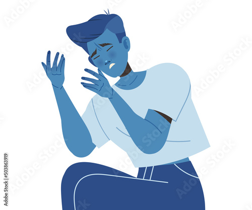 Man Victim Sitting Suffering from Abuse and Bullying Vector Illustration