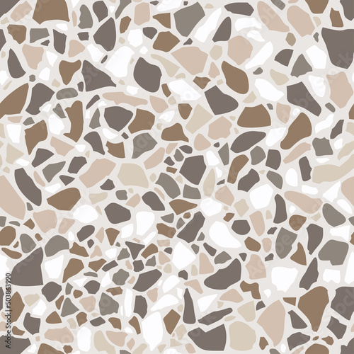 Brown terrazzo seamless texture. Floor tile, polished stone pattern. Marble surface. Vector abstract background with chaotic stains.