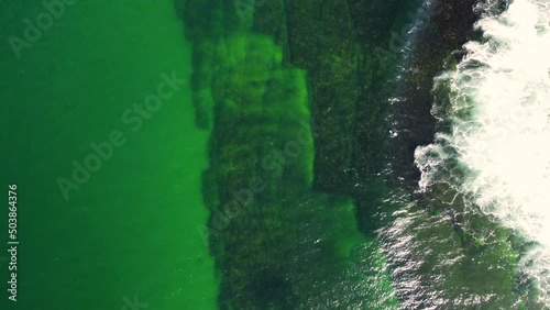 Aerial drone nature Bird's-eye view of green ocean reef with surfer waiting near channel waves landscape shot of Pacific Ocean Central Coast NSW Australia 4K photo