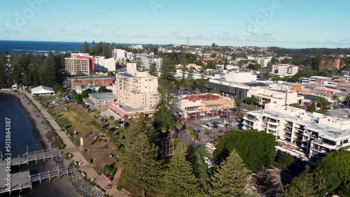 Aerial drone view of rural town centre Port Macquarie on Hastings River Mid North Coast buildings tourism shops Mid North Coast NSW Australia 4K photo