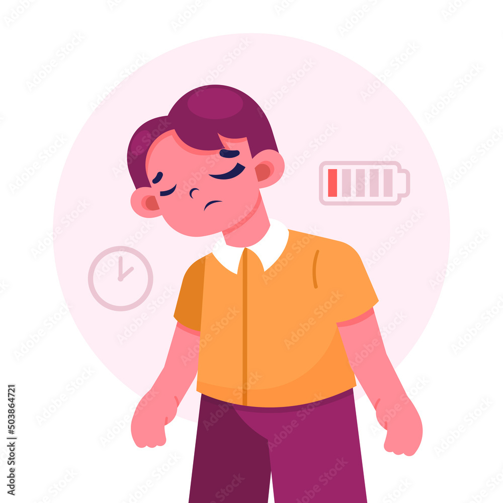 Overwhelmed man concept. Burnout. Stress, overload, fatigue. Heavy office work. Busy workerperson, deadline. Mental problem. Time pressure. Anxiety, depression. Tired workaholic. Vector illustration.