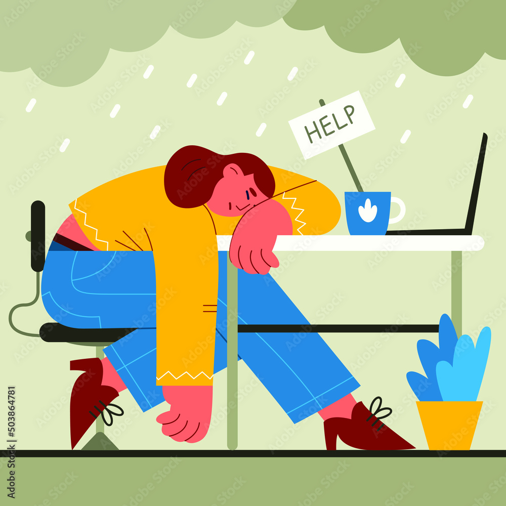 Overwhelmed man concept. Burnout. Stress, overload, fatigue. Heavy office work. Busy workerperson, deadline. Mental problem. Time pressure. Anxiety, depression. Tired workaholic. Vector illustration.