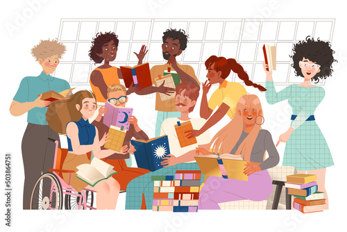 People reading books together. Students studying and preparing for exam vector illustration
