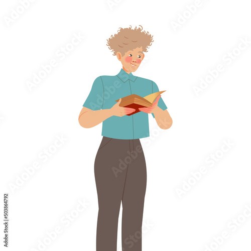 Bookcrossing with Happy Man Character Reading Borrowed Paper Book Vector Illustration