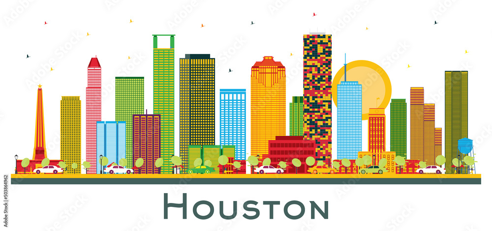 Houston USA City Skyline with Color Buildings Isolated on White.